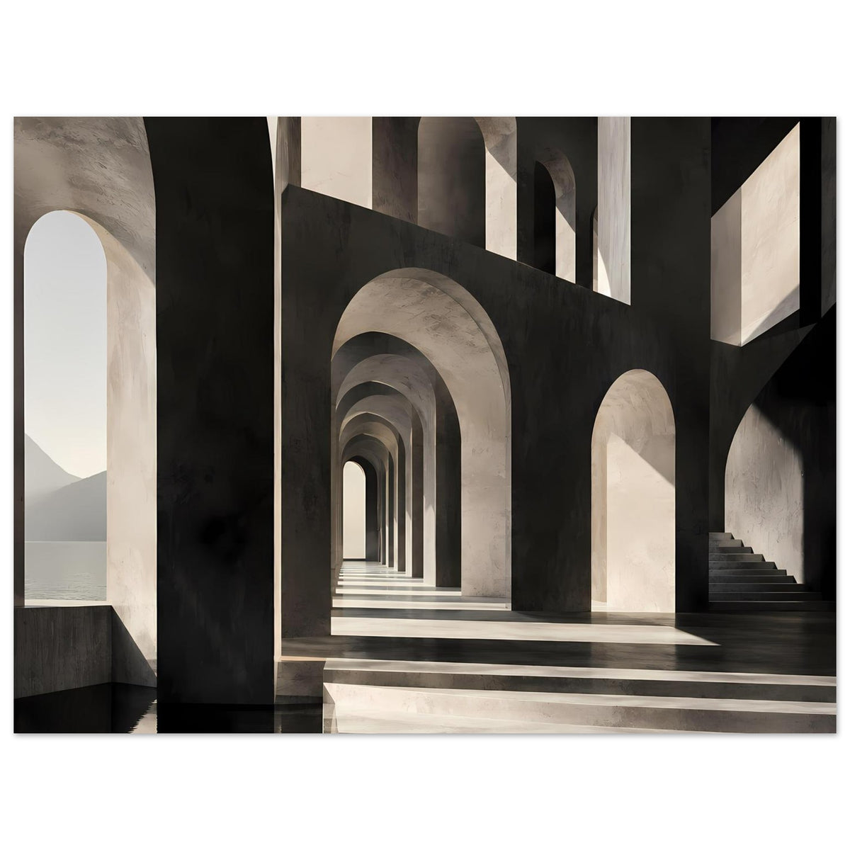 Architekturposter mit Reihen von Bögen in Schwarz-Weiß, zentrale Fluchtlinie