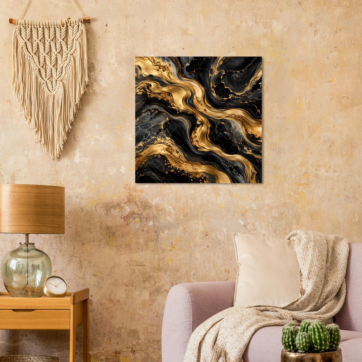 Quadratisches Poster mit schwarzem Goldmarmor und goldenen Wirbeladern