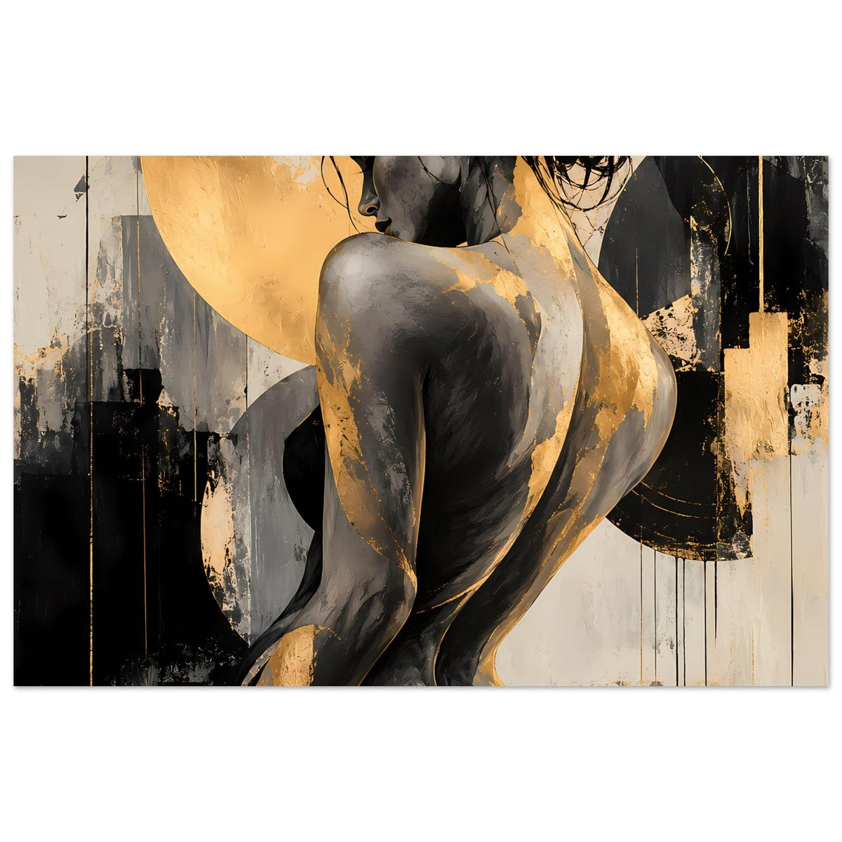 Abstraktes Poster mit Aktfigur in Schwarz und Gold, Querformat
