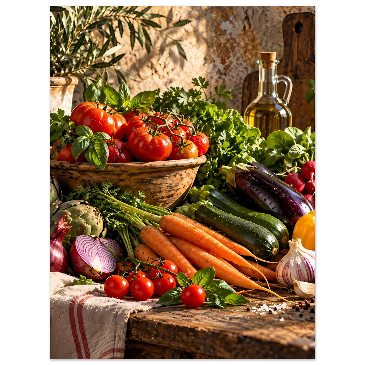 Küchenposter mit Gemüseschale: Tomaten, Karotten, Zucchini, Kräuter, Ölflasche, Zwiebeln