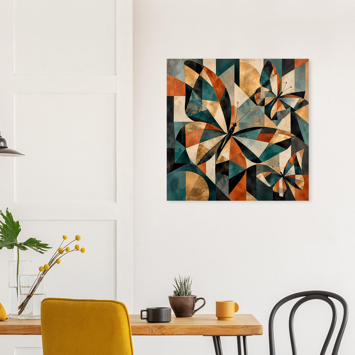 Quadratisches Kunstposter mit geometrischen Schmetterlingen, warmen Erdfarben und Schwarz