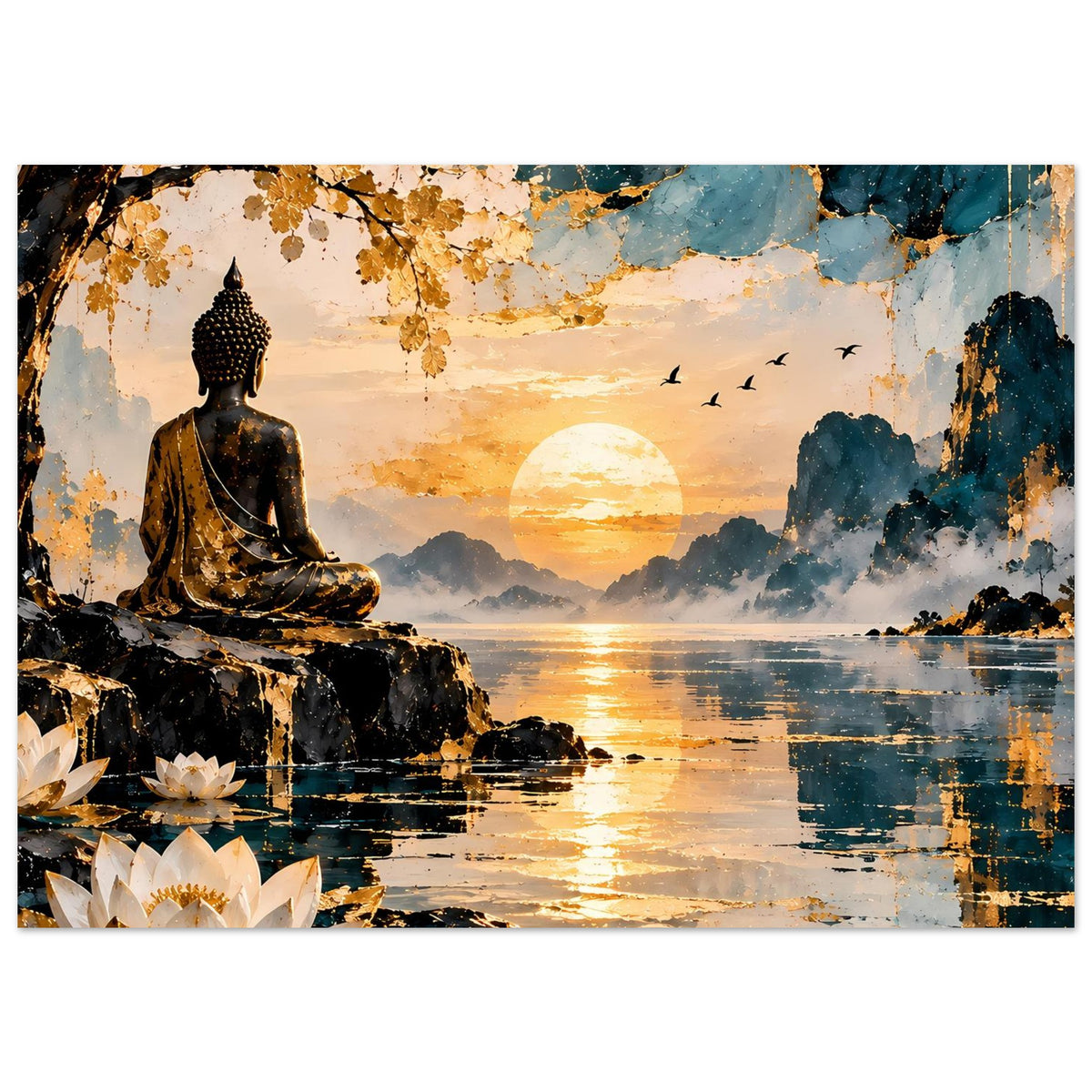 Buddha-Wandposter mit sitzendem Buddha, Sonnenuntergang und Vögeln über dem See