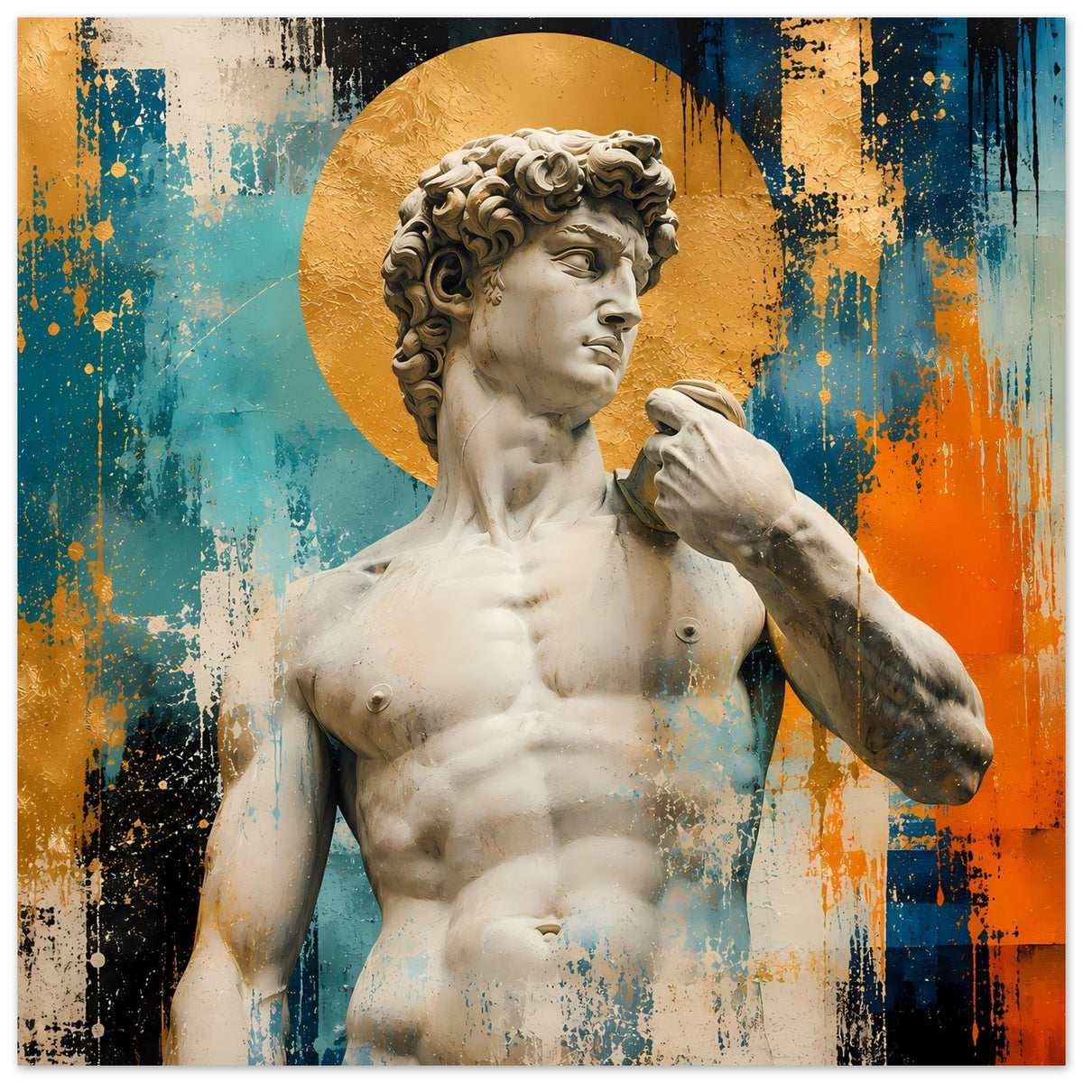 Poster mit Michelangelos David, Statue vor goldenem Kreis im Querformat