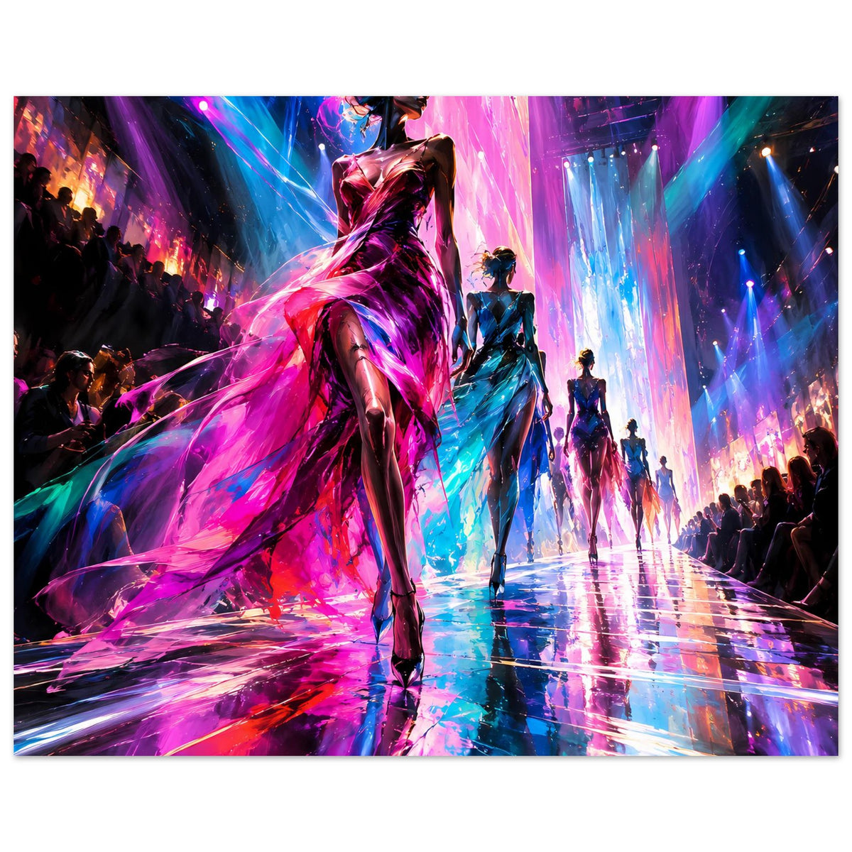 Horizontales Fashion-Poster: mehrere Personen auf dem Laufsteg, pinke und blaue Farbverläufe