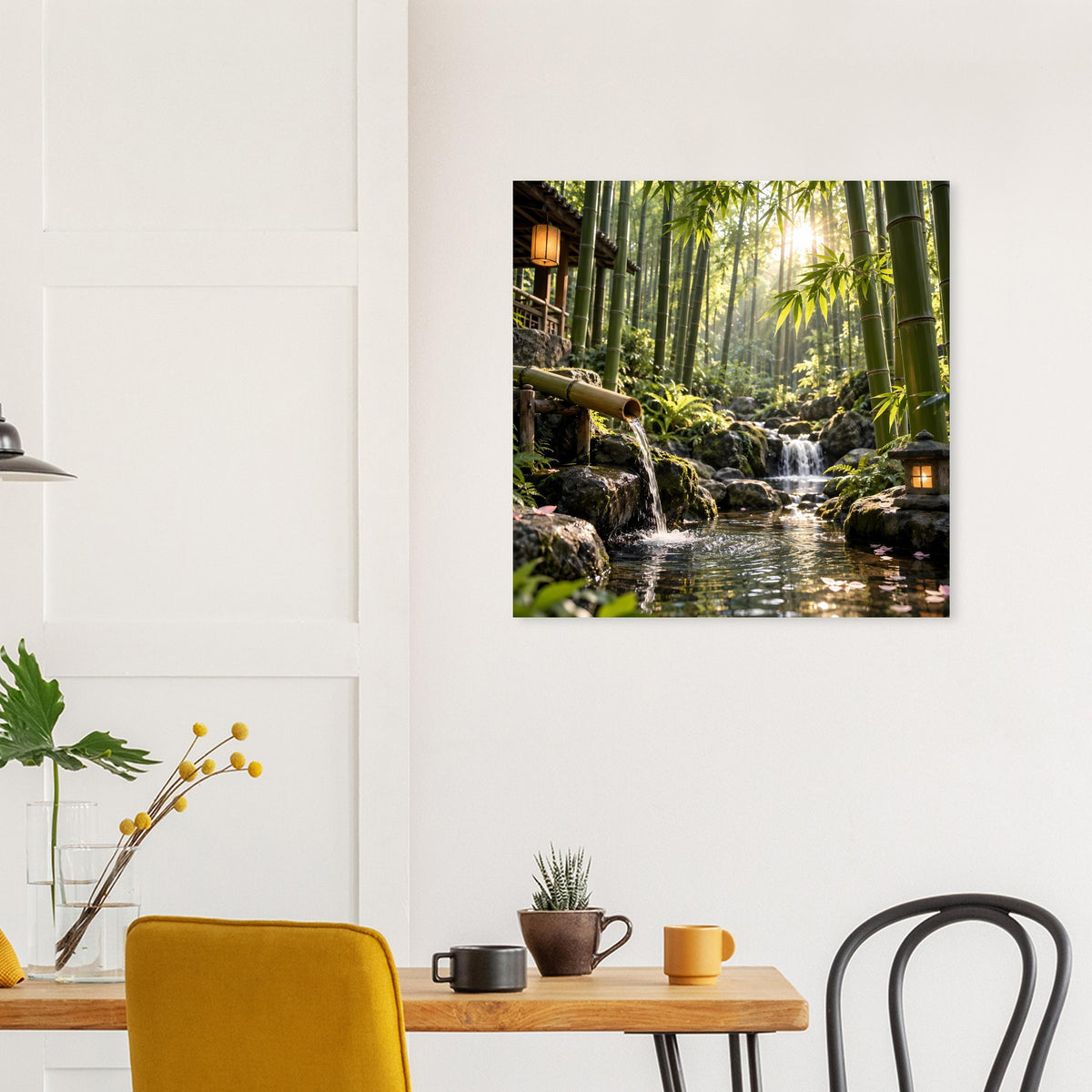 Quadratisches Wandposter mit Bambuswald-Wasserfall und kleinen Stegen aus Holz