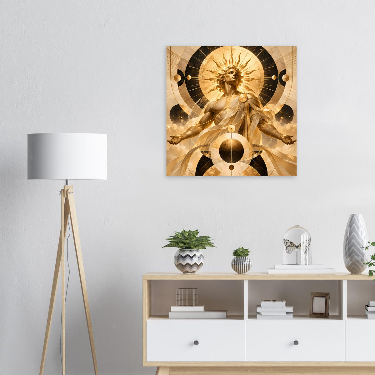 Quadratisches Poster mit goldener Engel-Figur, schwarzen Ringen und strahlenförmigen Mustern