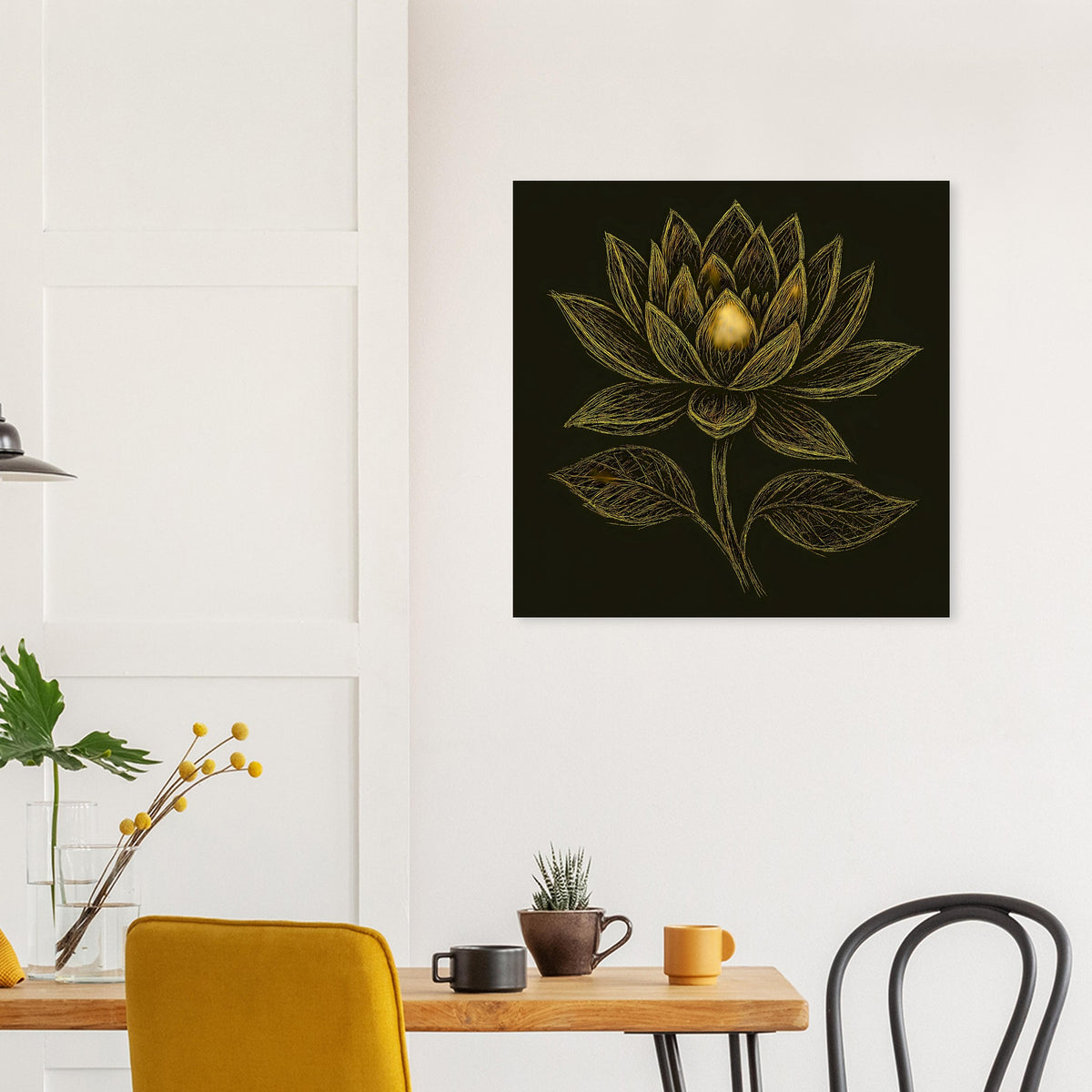 Wandbild-Poster mit goldener Lotusblüte und Blättern auf tiefschwarzem Hintergrund
