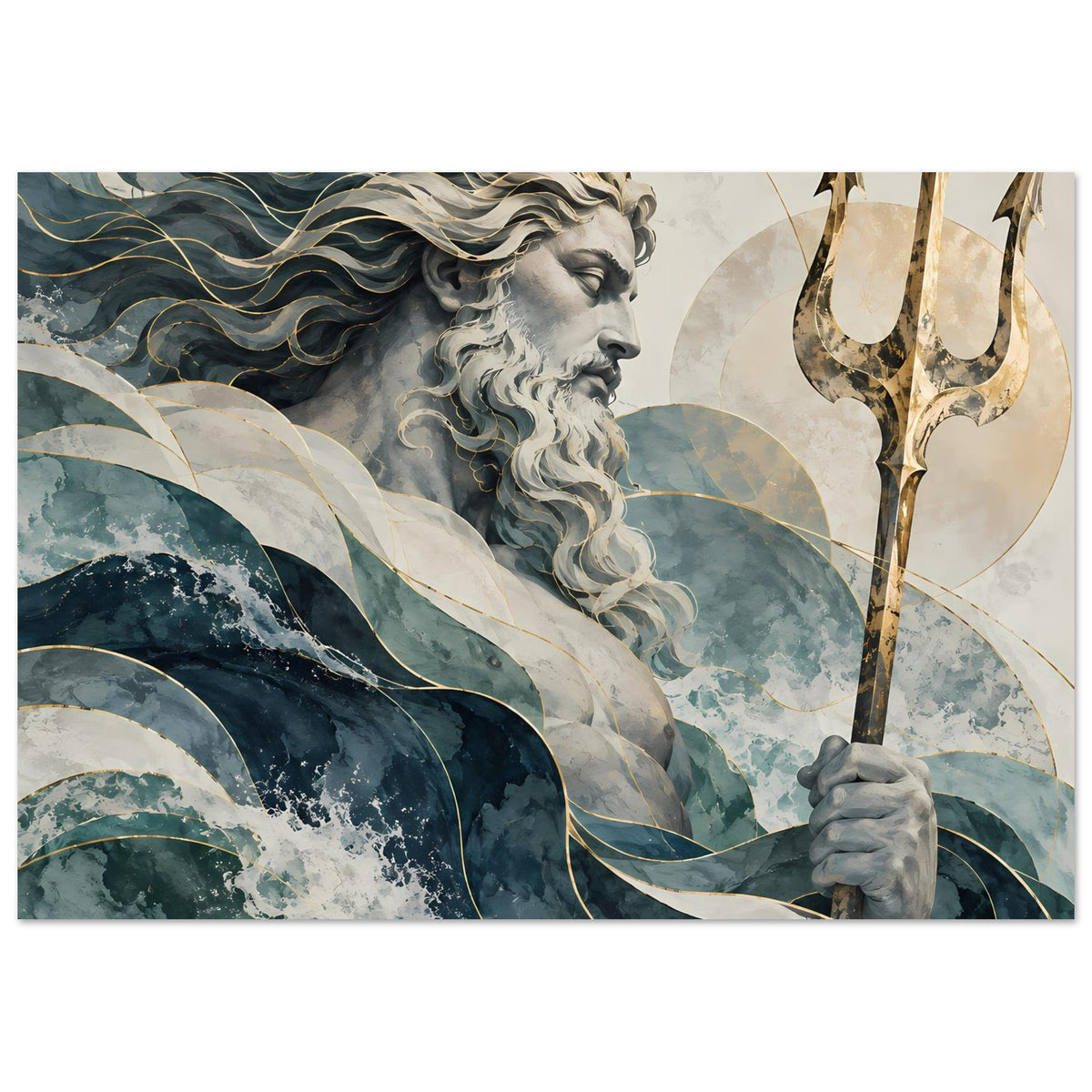 Wandposter mit Neptun und Dreizack, Wellenmuster in Blaugrün und cremigen Flächen.