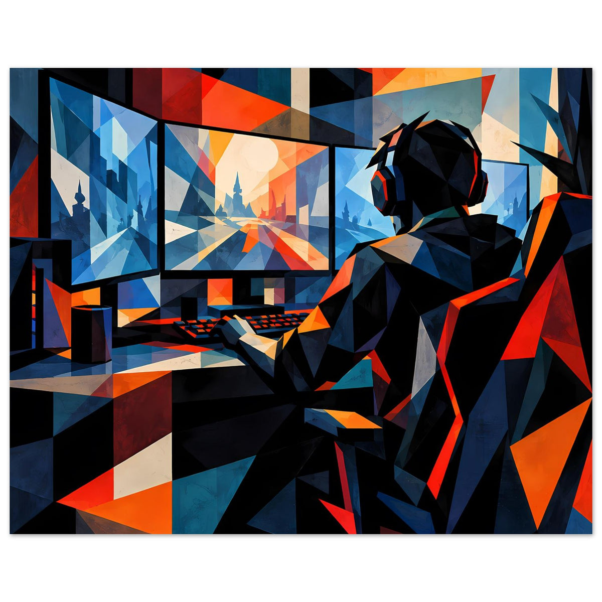 Gaming-Poster mit geometrischer Szene: Gamer mit Kopfhörern, Tastatur und Blau-Orange Kontrasten.