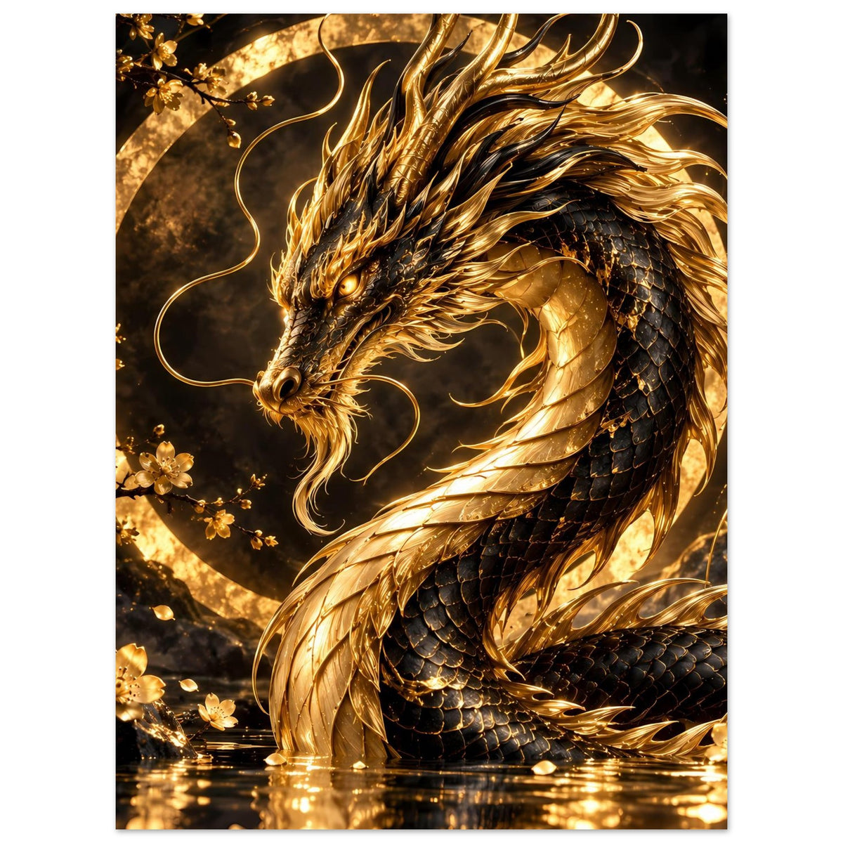 Poster mit gold-schwarzem Drachen, Fokus auf Kopf und Oberkörper, schimmernde Linien