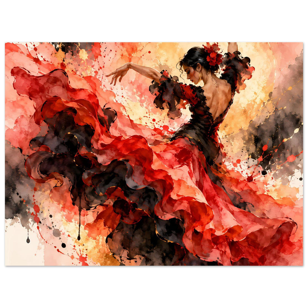 Tanzposter: Flamenco-Tänzerin in rotem Rock und schwarzem Mantil, tänzerische Bewegung
