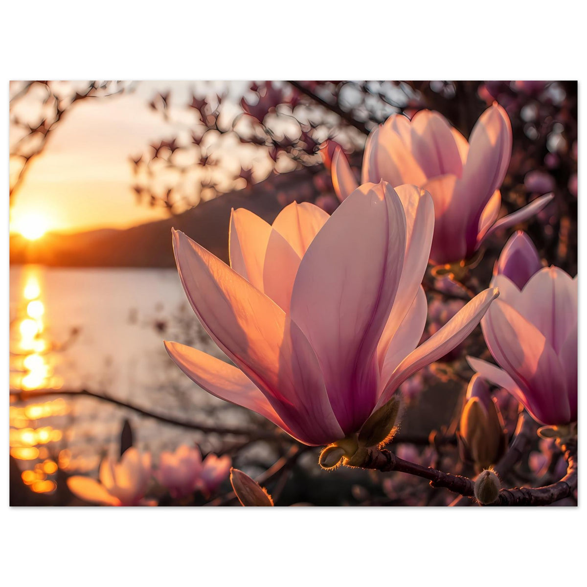 Magnolienblüten Poster querformat mit großen rosa-lila Blüten an dunklem Zweig