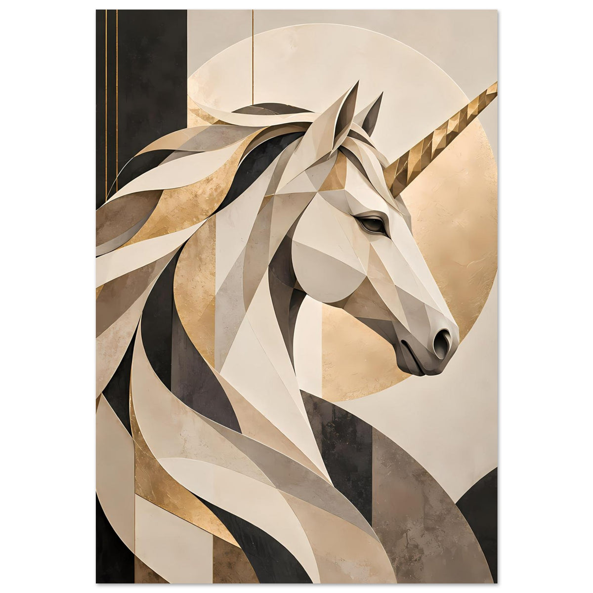 Einhorn-Porträtposter mit polygonalem Einhornkopf, beigen, schwarzen und goldfarbenen Details