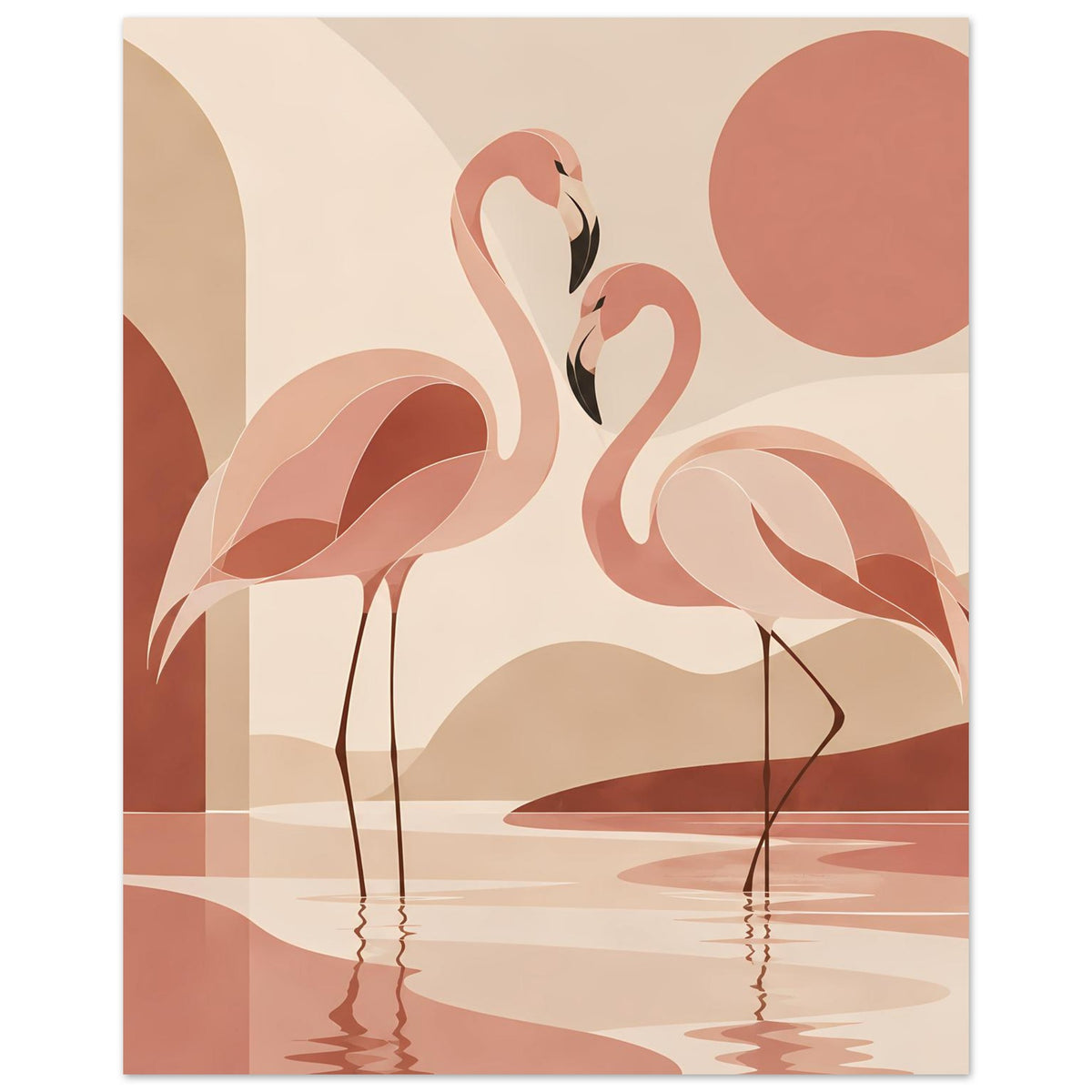 Vertikales Naturposter mit zwei Flamingos, rosa-beige Farbtönen und Spiegelungen im Wasser