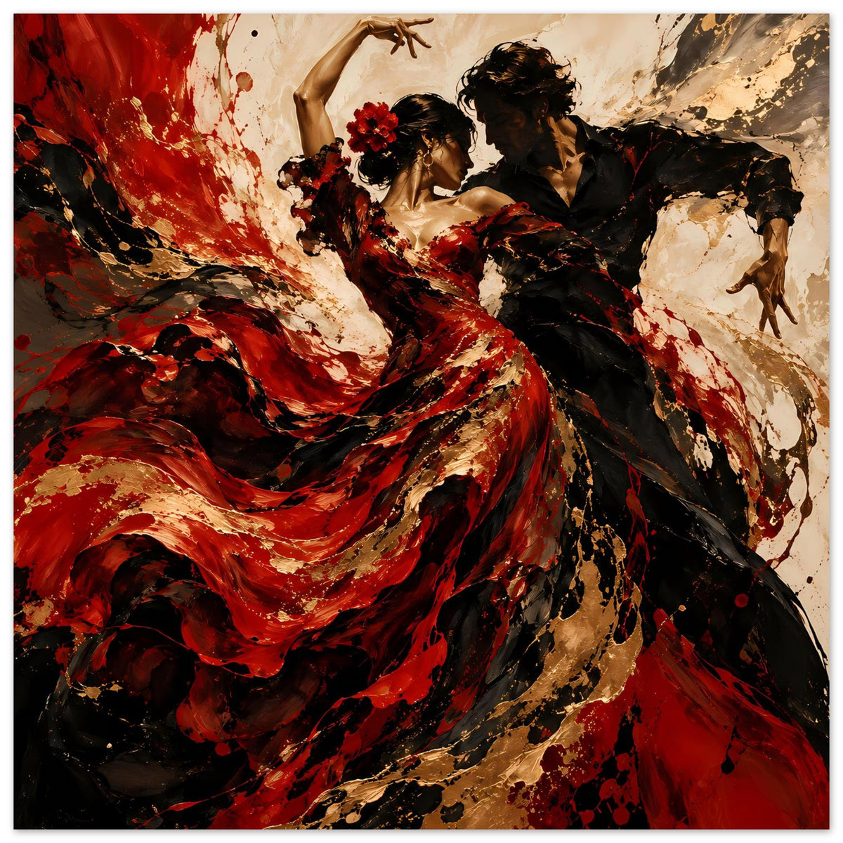 Flamenco-Tanz-Poster mit Tänzerpaar: roter Schwingenrock, schwarzer Mantel, goldene Flecken