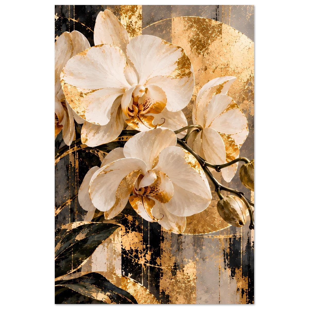 Orchideen-Poster: große weiße Blüten mit goldenen Sprenkeln, dunkle Stiele und Blätter