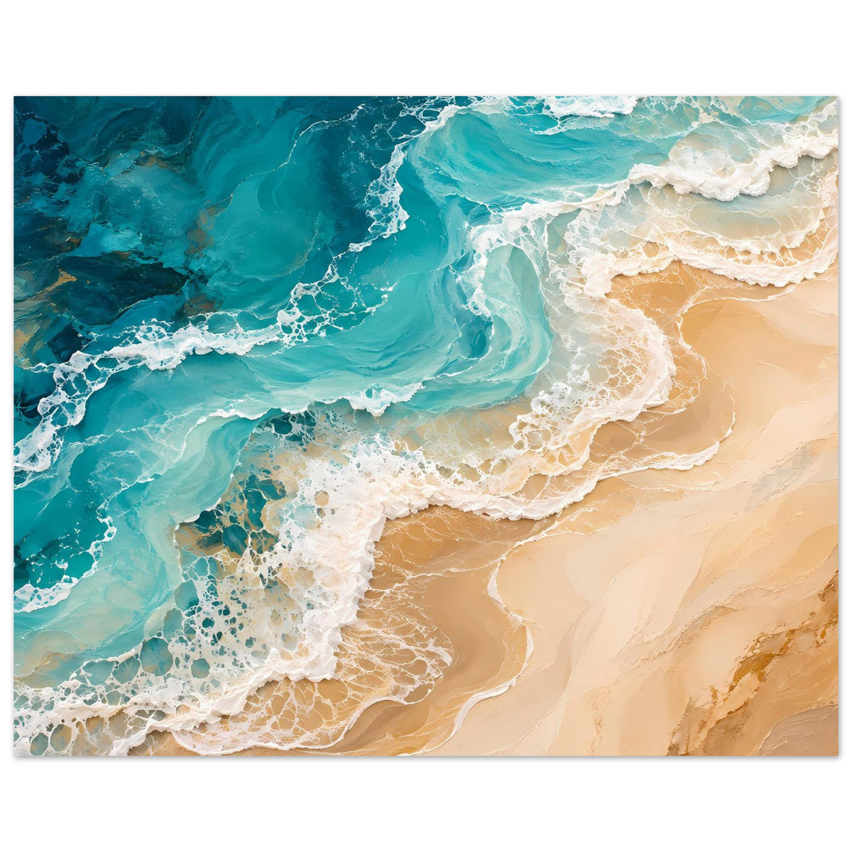 Abstraktes Poster mit Meereswellen: türkisblaues Wasser, schaumige weiße Linien und beiger Sand.