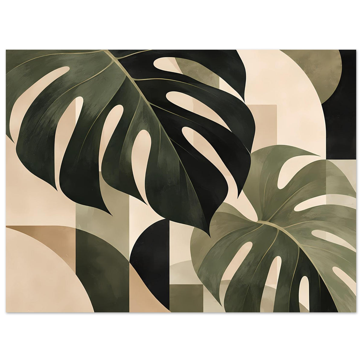 Querformat-Poster mit Monstera-Blättern und Streifenmuster, salbeigrün, dunkelgrün, beige