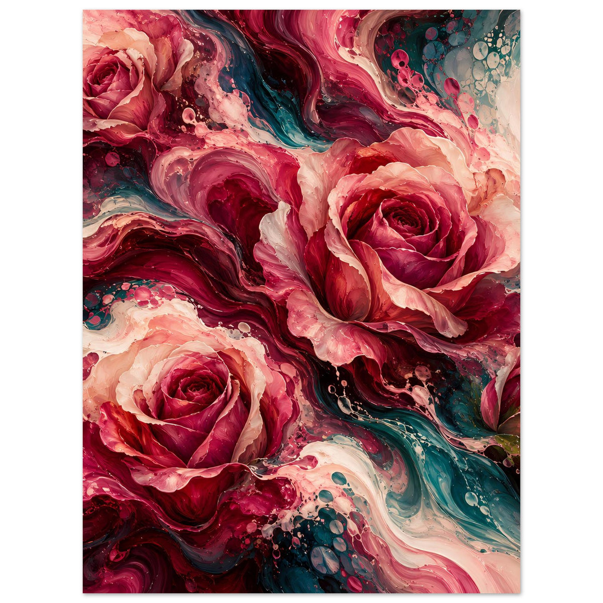 Blumenposter mit abstrakten Rosen in Rot und Türkis, vertikal, klare Blütenformen im Vordergrund.