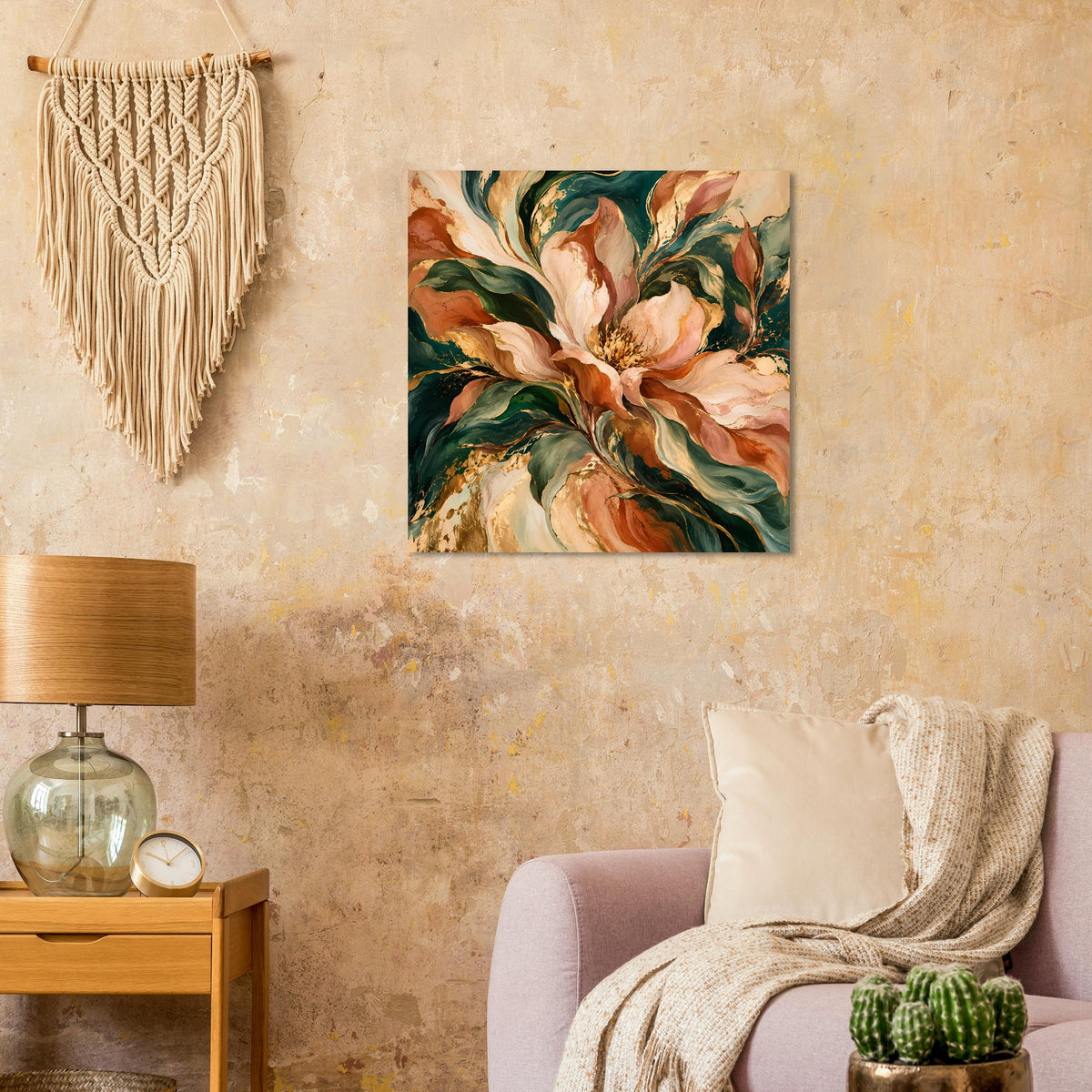 Blumenposter mit Pfingstrosen-Motiv in warmen Beige-, Grün- und Terrakotta-Tönen