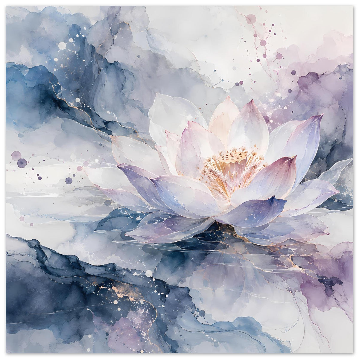 Horizontales Blumenposter mit Lotusblüte in Weiß, Rosa und Lila auf blauem Aquarellmeer