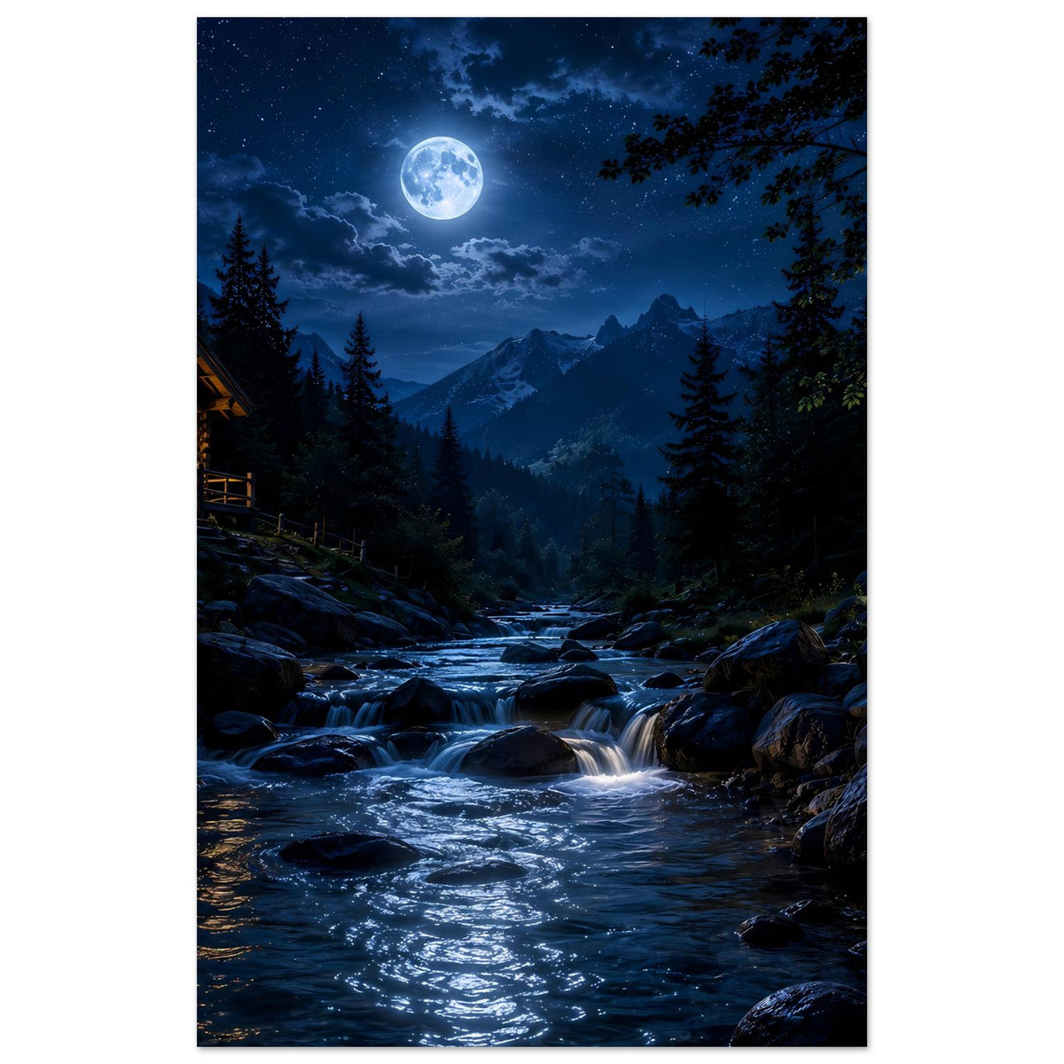 Vertikales Poster mit Mond am dunklen Himmel, Berge im Hintergrund und Bach im Vordergrund