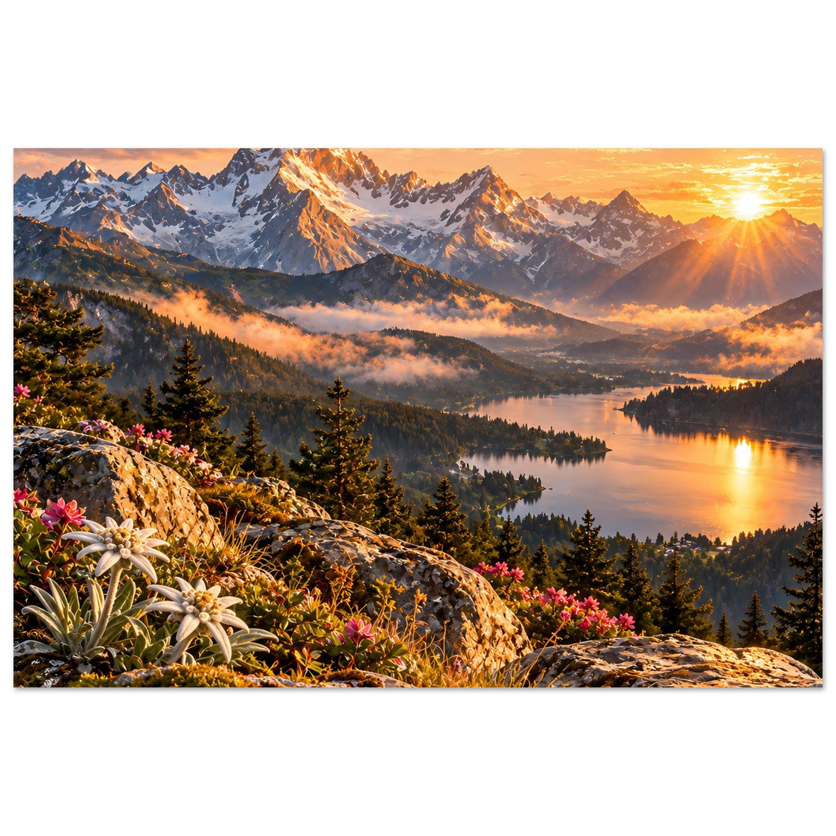 Landschaftsposter im Querformat mit Alpenbergen, See und Sonnenuntergang; Blumen am Fels.