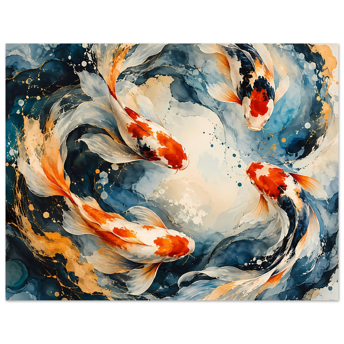 Japanisches Poster im Querformat mit Koi-Fischen im Wasserwirbel, blaue und orange Spritzer.