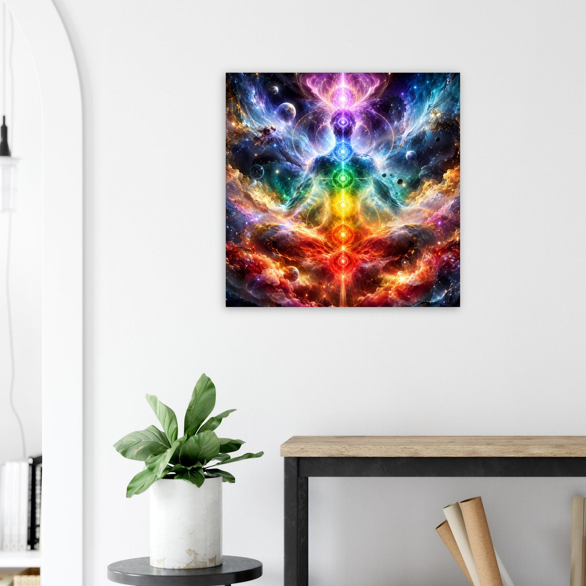 Chakra-Meditationsposter mit regenbogenfarbenem Energiekreuz und kosmischem Hintergrund