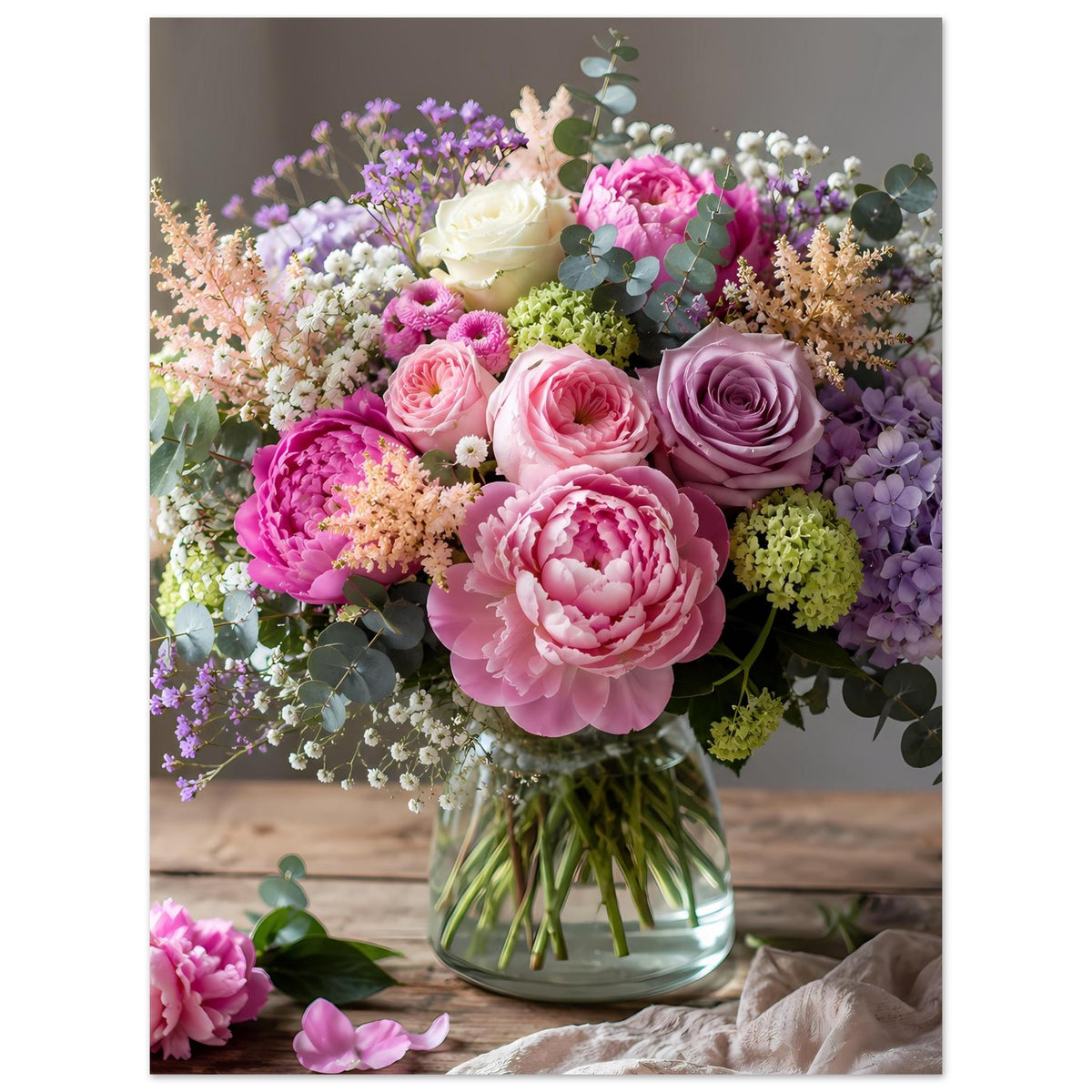 Blumenposter im Hochformat: Pastell-Bouquet aus Rosen in Pink, Lila und Creme in Vase
