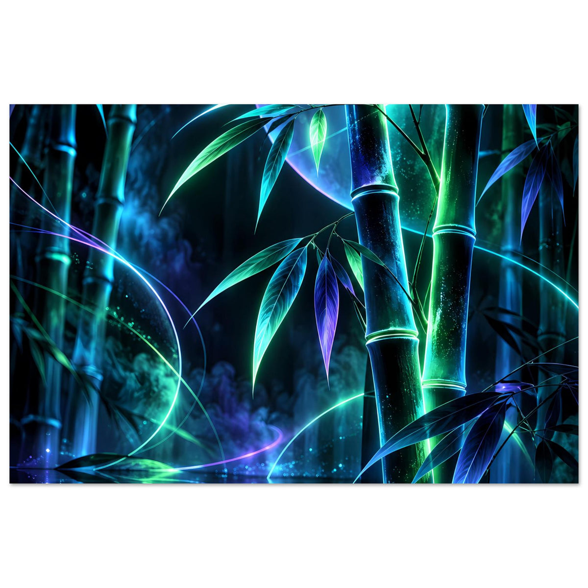 Leuchtendes Neon-Bambusposter mit blau-grünen Bambusrohren und farbigen Lichtspuren im Hintergrund