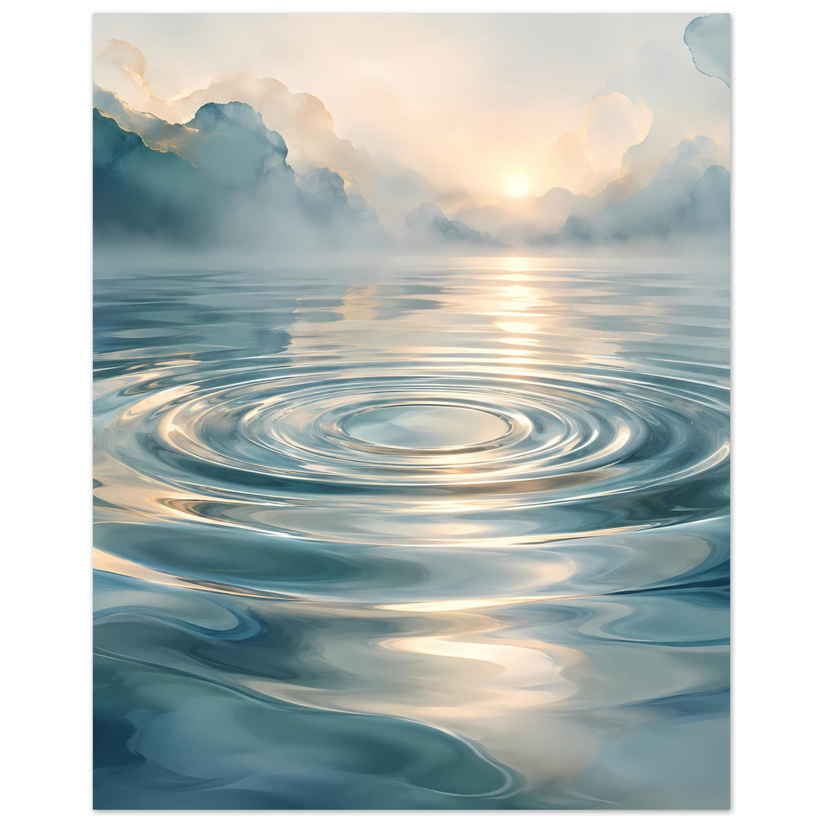 Wasser-Poster im Hochformat mit kreisförmigen Wellen, ruhige See und warme Wolken