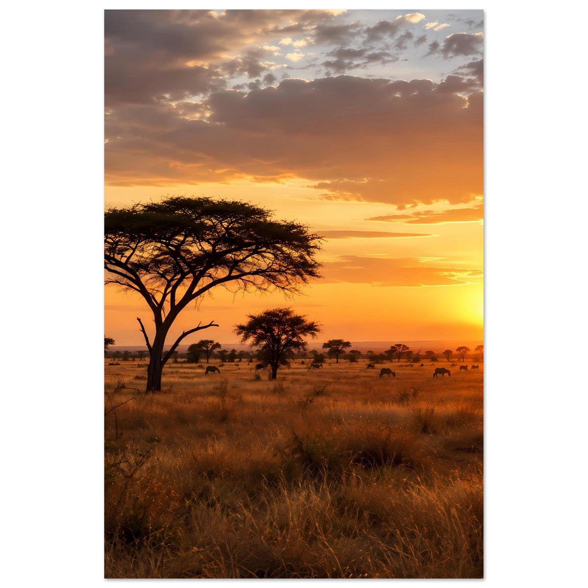 Savannenposter mit Akazienbaum, weiter Savanne, mehreren Baumgruppen und Tierherde