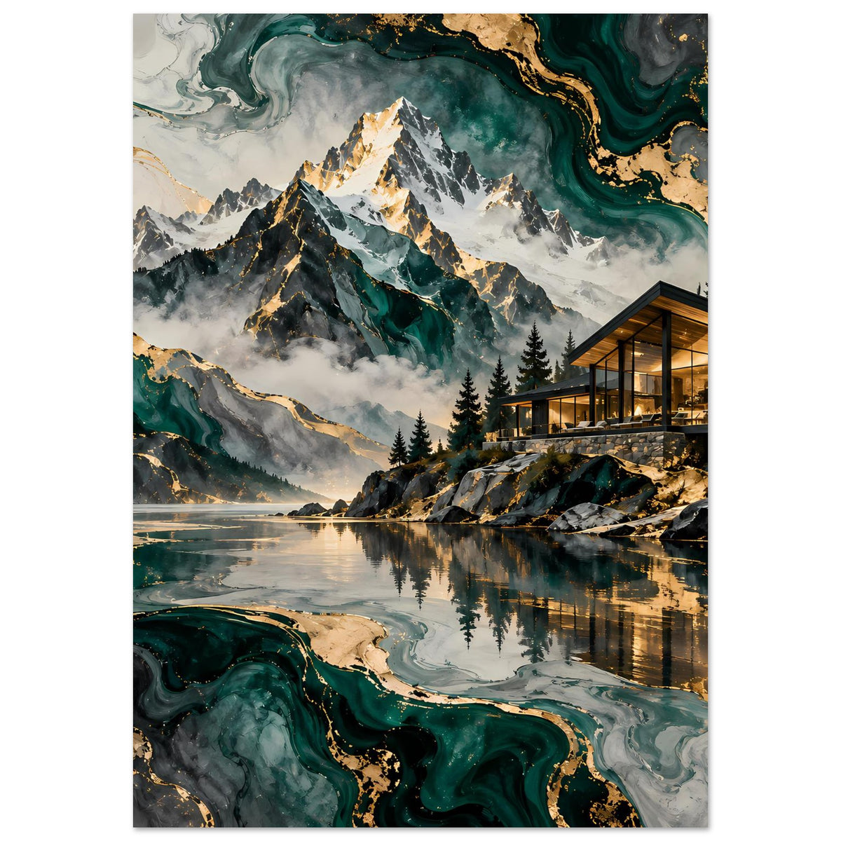 Hochformat-Poster: Berge, Tannenwald und beleuchteter Glaspavillon am Seeufer.