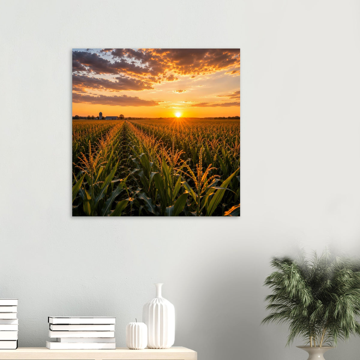 Quadratisches Poster mit Sonnenuntergang über Maisfeld und warmem Himmel