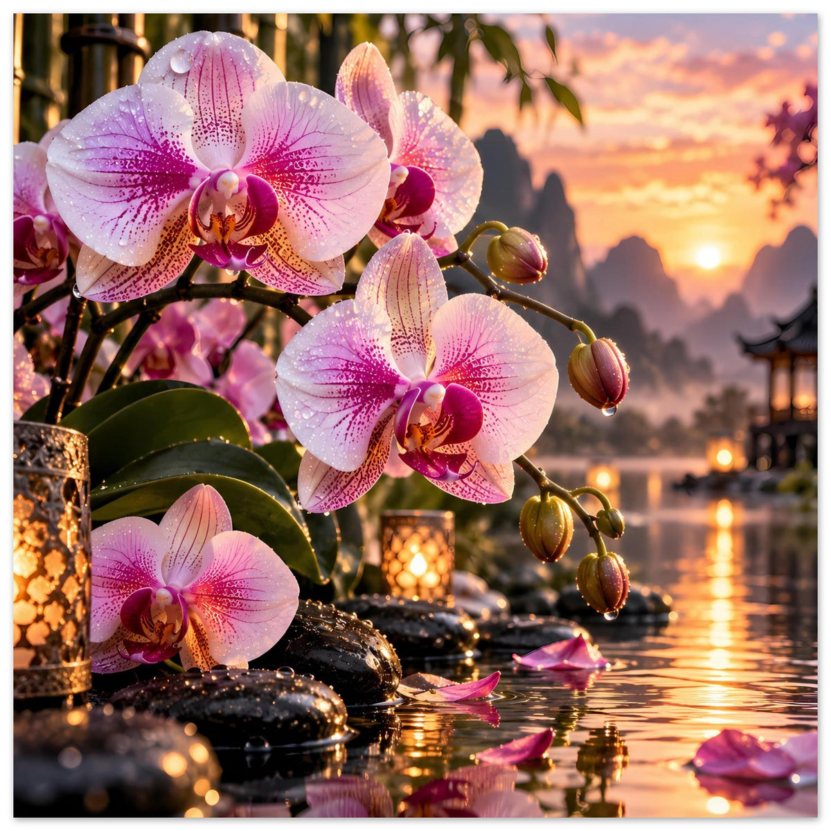 Poster mit rosa Orchideen, goldenen Kerzen und Blütenblättern auf dem Wasser
