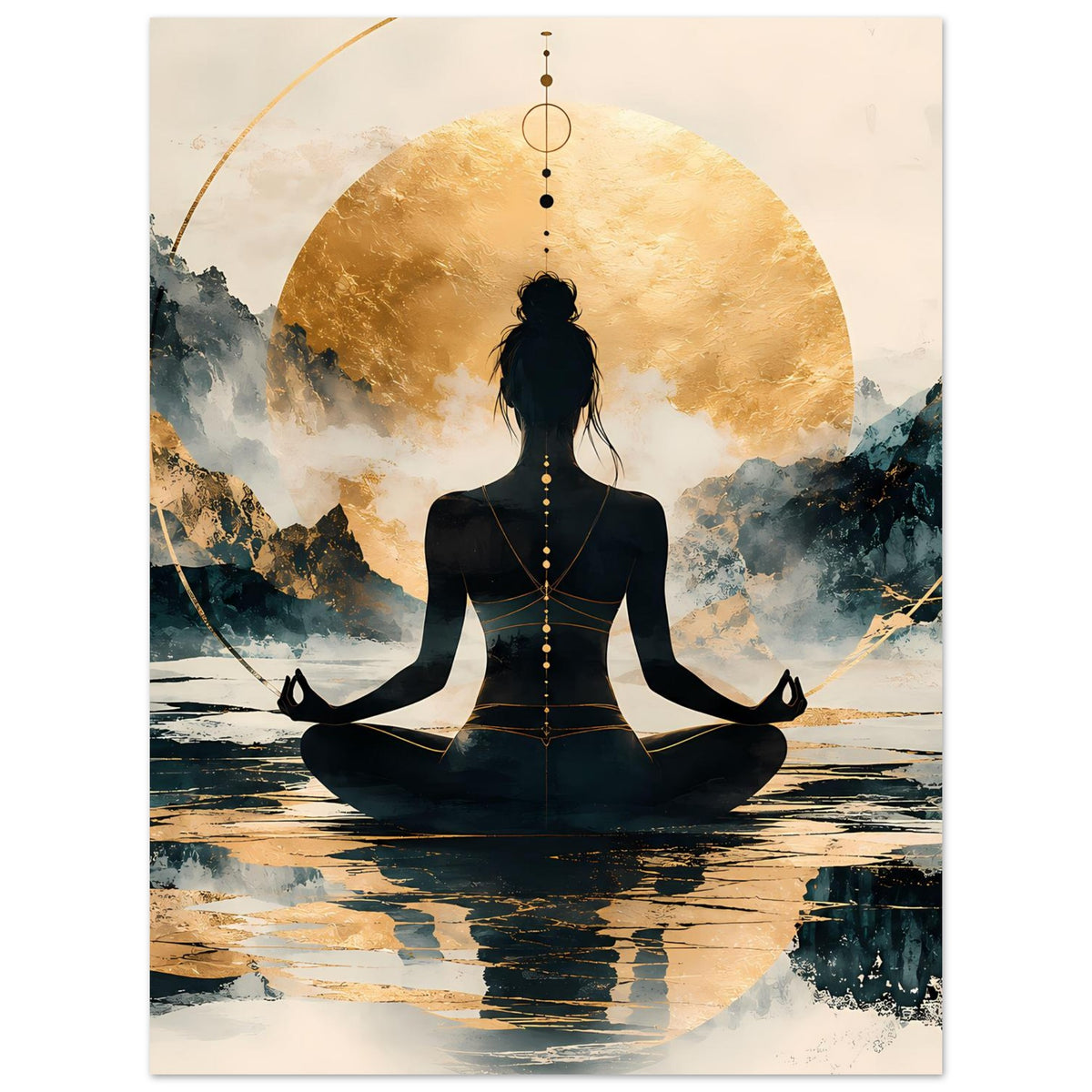 Meditationsposter mit schwarzer Sitzsilhouette im Meditationssitz und goldener Lichtscheibe