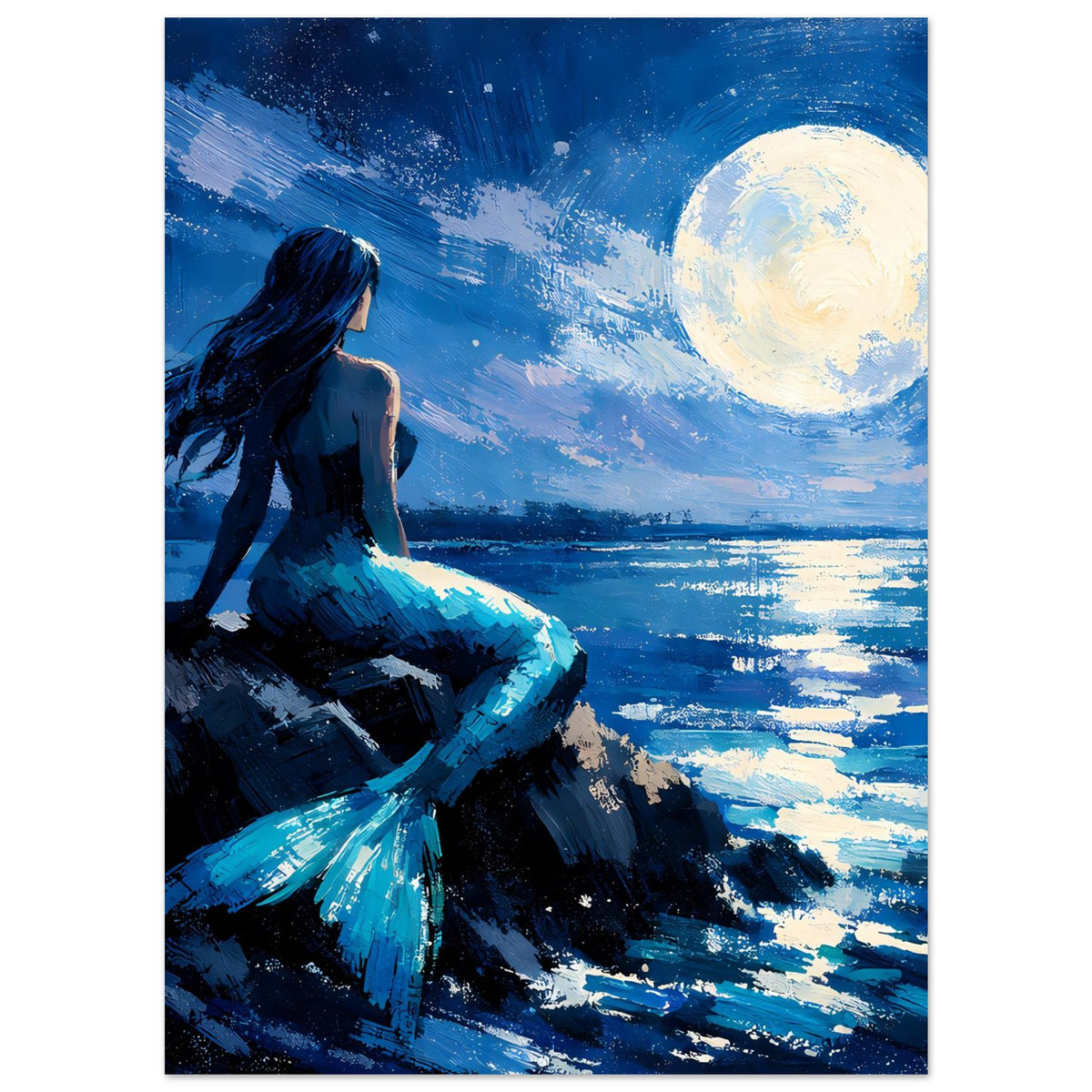 Kunstposter mit Meerjungfrau im blauen Kleid, Blick zum Mond, spiegelnde Wasseroberfläche