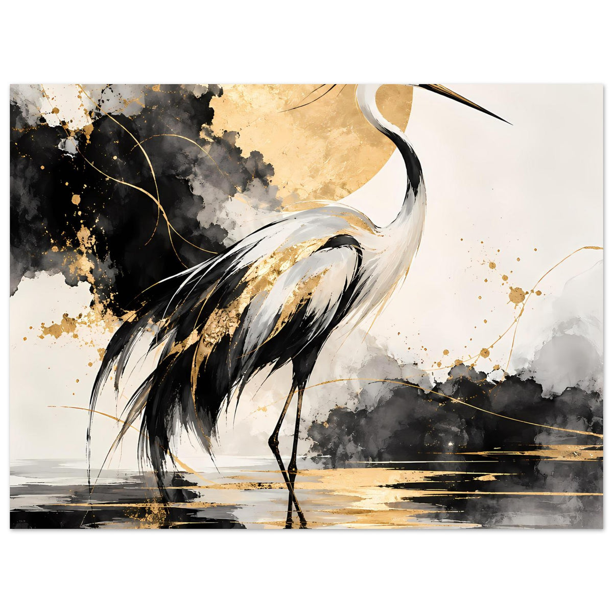 Vogelposter mit Kranich in Schwarz und Gold, eleganter Schaukelform, goldene Sprenkel im Motiv.
