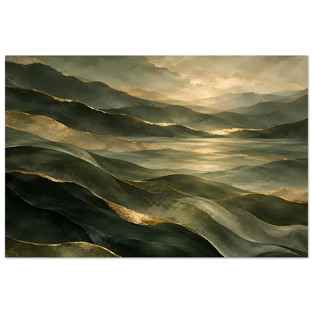 Landschafts-Poster mit weitläufigen grünen Bergtälern und warmen Goldtönen, vertikal.