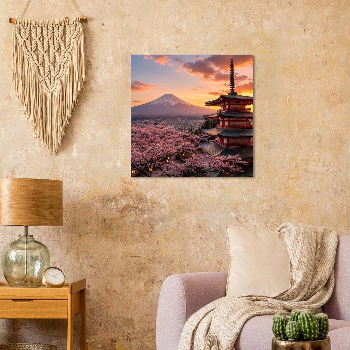 Quadratisches Poster mit Mount Fuji, mehrstöckiger Pagode und Kirschblütenlandschaft