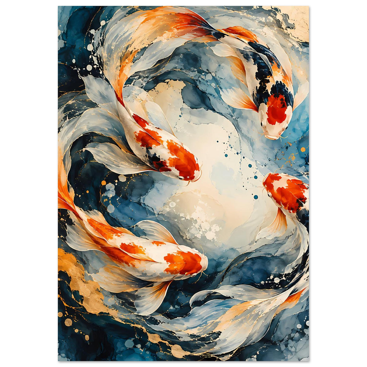Japanisches Poster (Hochformat) mit Koi-Fischen im Wasserwirbel, rote Akzente, blaue Wellen.