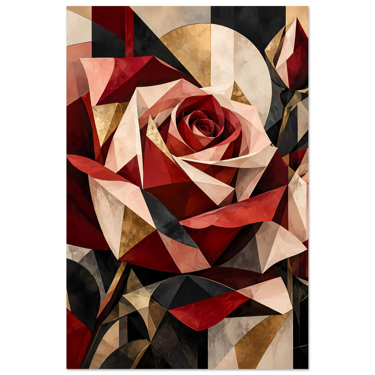 Blumenposter mit geometrischer Rose, roter Blütenmitte, goldene Dreiecke, hochkant