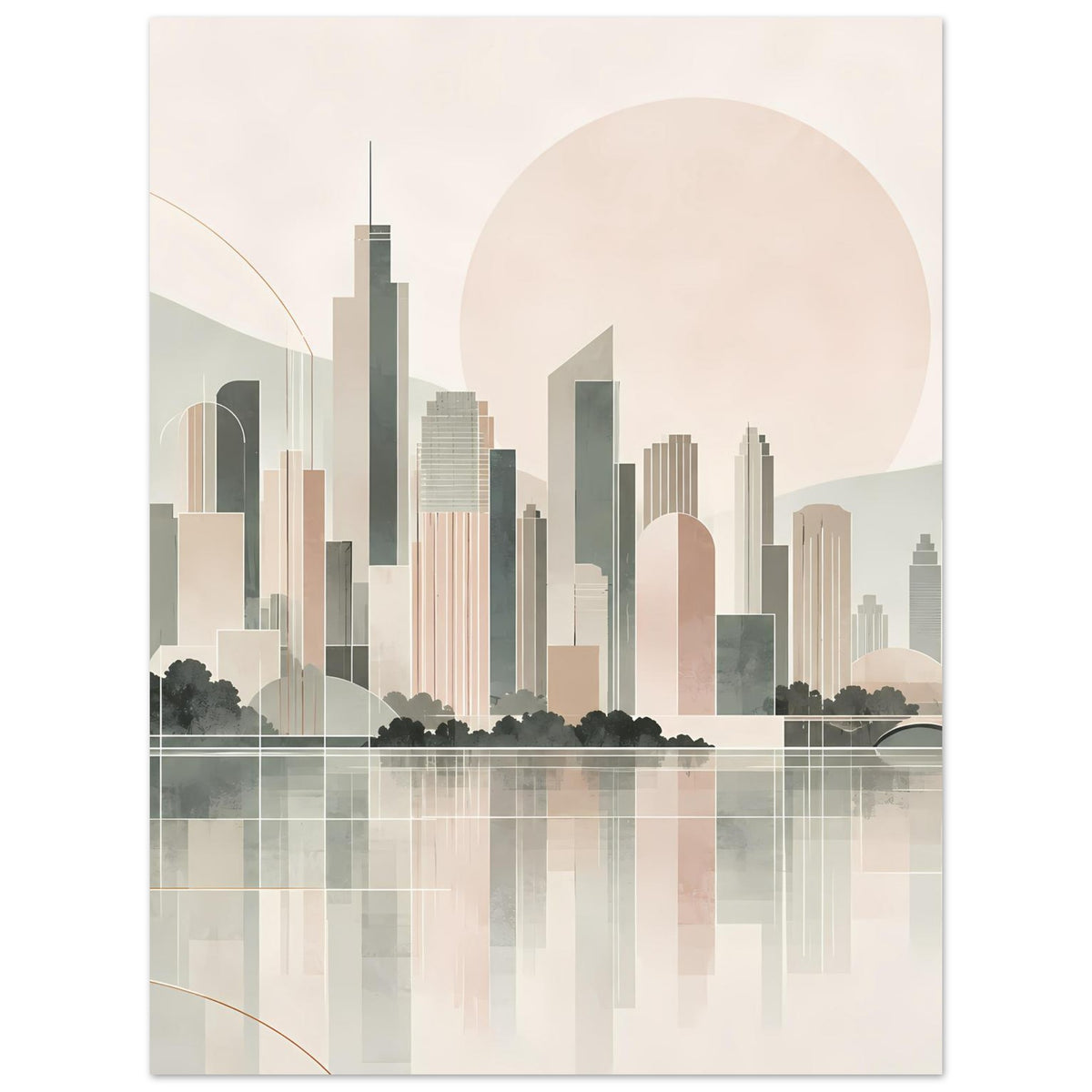 Vertikales Stadtposter: Skyline-Illustration mit Pastellfarben, großer runder Mond und Brücke