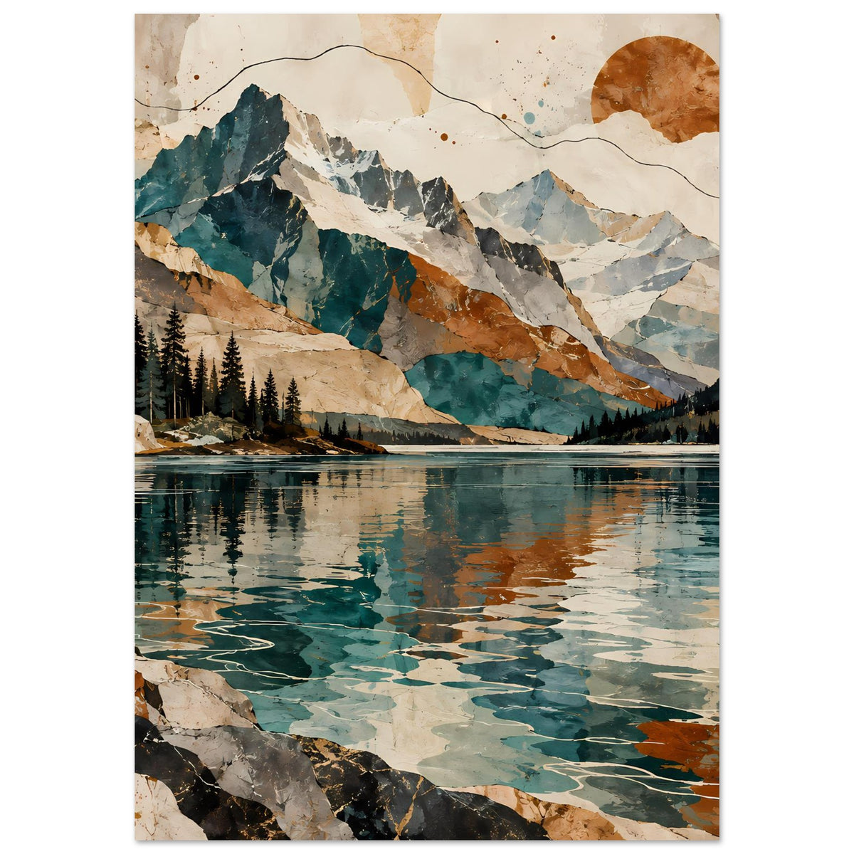 Landschaftsposter mit hellem Holzrahmen im Hochformat: Berge über ruhigem See, orange Sonne