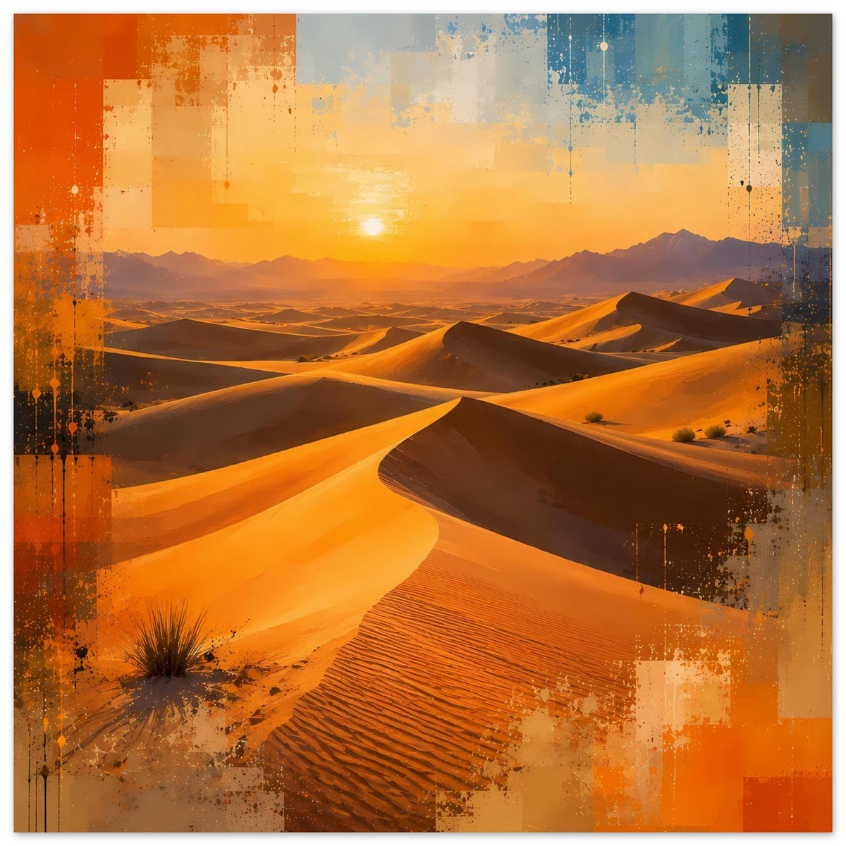 Wüstenlandschafts-Poster mit Sandwellen, goldenem Himmel und Farbschichten, breit