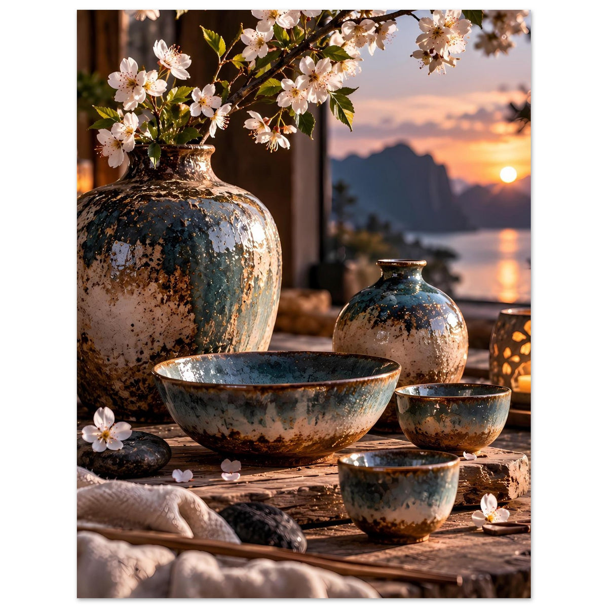 Poster mit japanischer Keramik: große gold-braune Vase, Schalen, Kirschblütenzweig
