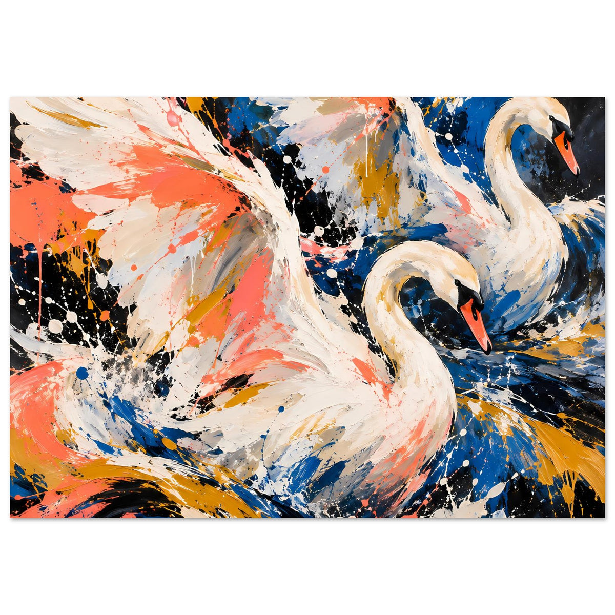 Kunstposter mit zwei weißen Schwänen, abstrakter Spritztechnik in Blau, Koralle und Gold