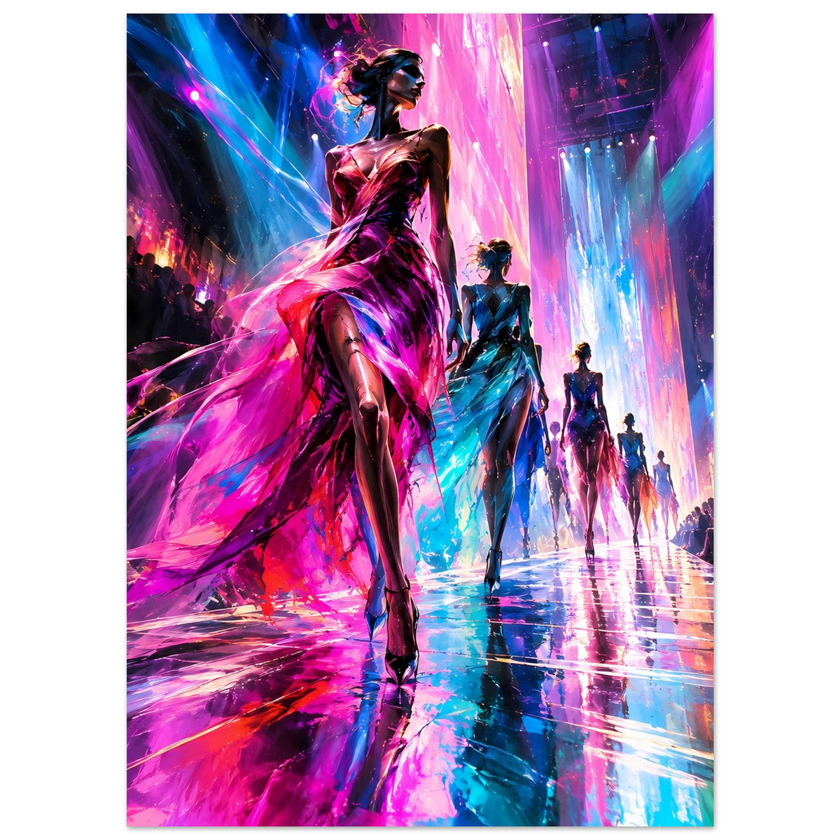 Poster: Stehende Modefigur vorn, futuristische Models im Neonlicht von Pink und Blau
