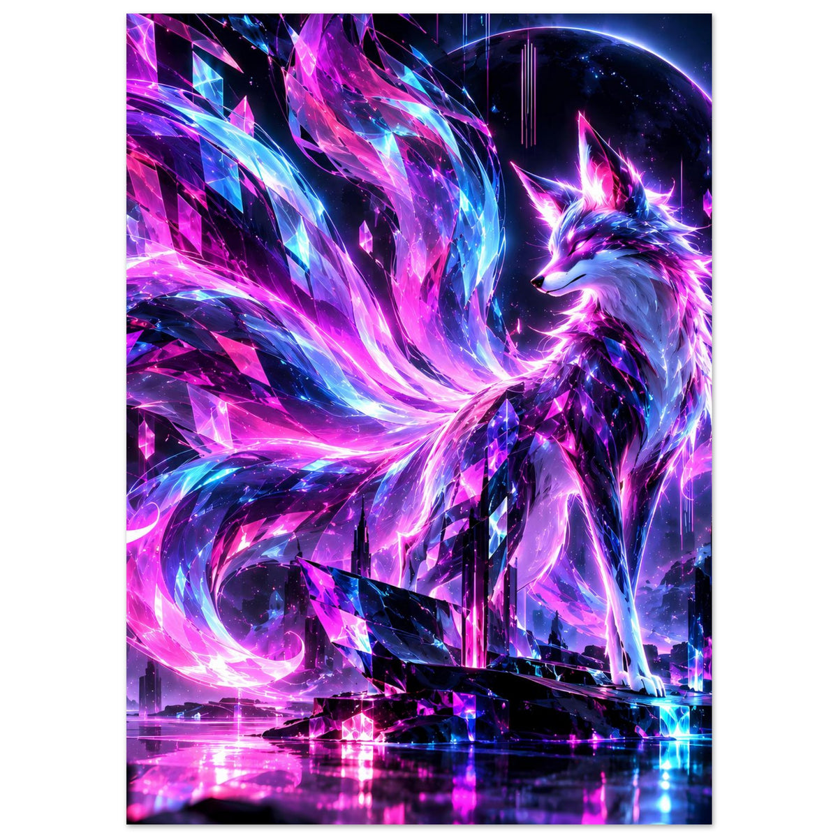 Neonfuchs-Poster mit intensiven pinken und blauen Lichtspuren, Fuchs seitlich dargestellt